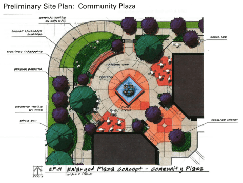 Proposed plaza design from the April 2013 plan reviewed by the Design Review Board
